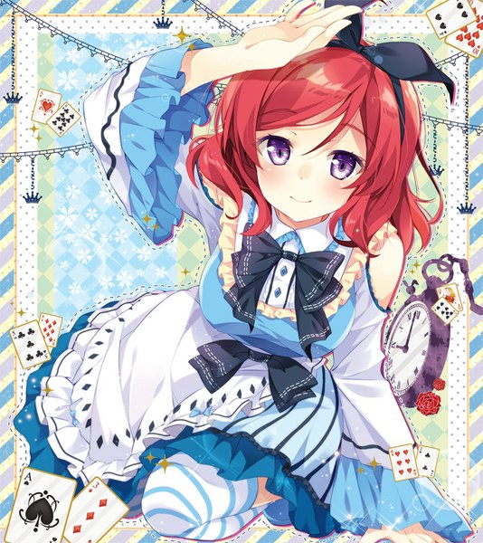 Anime picture 712x800 with love live! school idol project sunrise (studio) love live! nishikino maki mocha (naturefour) single long hair tall image looking at viewer blush smile purple eyes red hair girl thighhighs dress striped thighhighs card (cards)