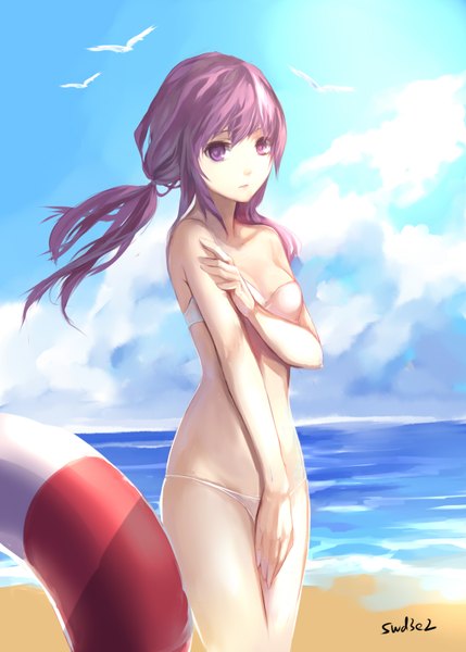 Anime picture 1181x1653 with elsword aisha landar swd3e2 single long hair tall image looking at viewer fringe light erotic standing twintails bare shoulders pink hair sky cloud (clouds) pink eyes wind sunlight bare legs bare belly