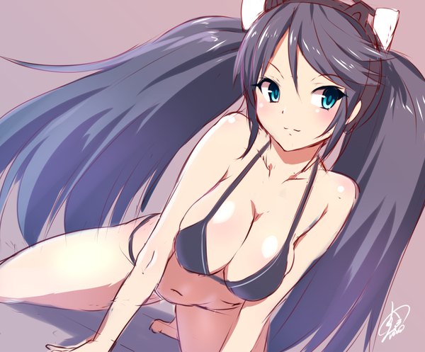 Anime picture 900x746 with kantai collection isuzu light cruiser ayagi daifuku single long hair blush breasts light erotic simple background large breasts twintails signed looking away purple hair aqua eyes light smile underwear only on all fours brown background girl