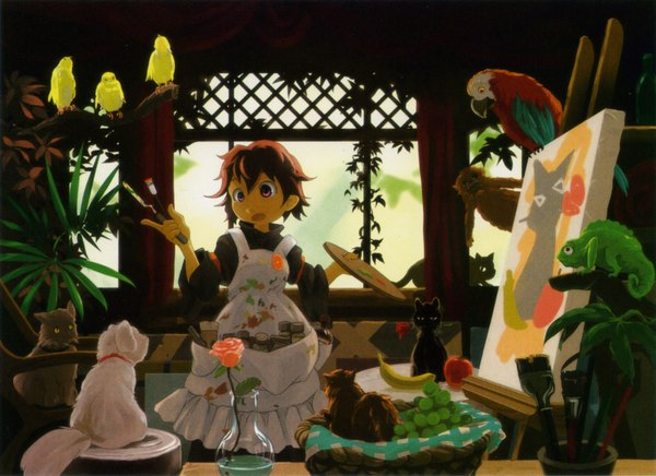 Anime picture 2075x1508 with pixiv girls collection 2010 highres short hair open mouth brown hair sitting purple eyes yellow eyes group girl plant (plants) animal window bird (birds) rose (roses) apron cat table fruit apple