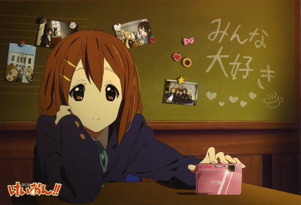 Anime picture 3319x2262 with k-on! kyoto animation hirasawa yui highres short hair brown hair brown eyes absurdres girl hair ornament bobby pin camera photo (object)
