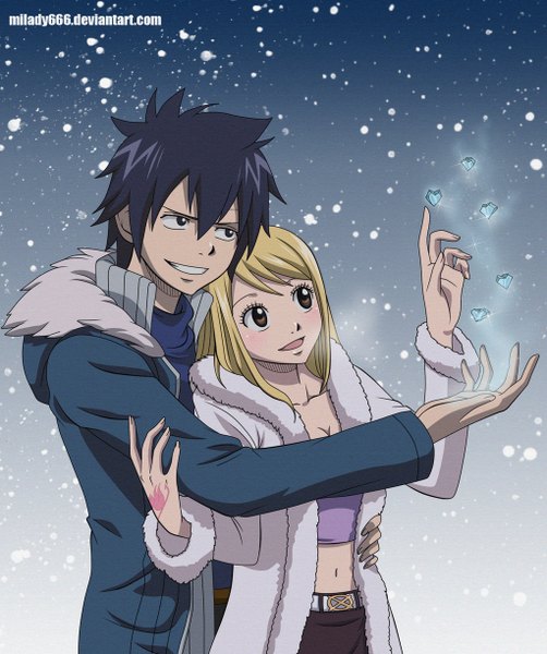 Anime picture 1024x1224 with fairy tail lucy heartfilia gray fullbuster milady666 long hair tall image blush short hair open mouth black hair blonde hair smile brown eyes black eyes tattoo hug magic snowing winter girl