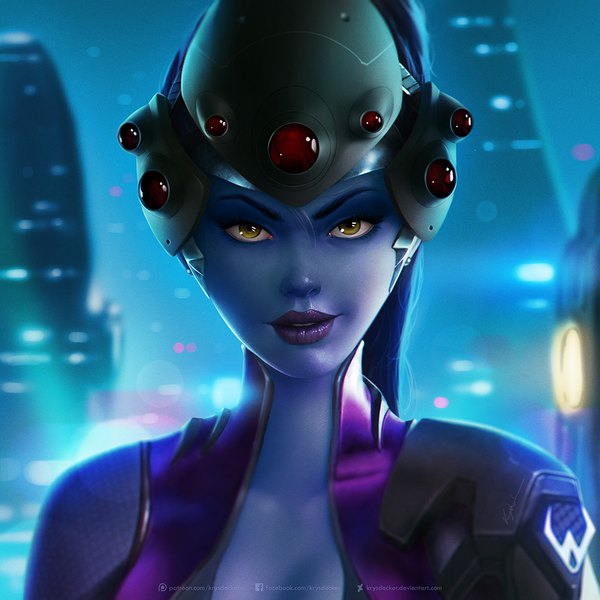 Anime picture 1000x1000 with overwatch blizzard entertainment widowmaker (overwatch) krysdecker (krystopher decker) single long hair tall image looking at viewer smile signed yellow eyes purple hair ponytail parted lips lips night lipstick city watermark portrait