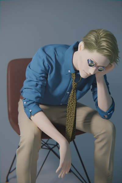 Anime picture 1600x2400 with jujutsu kaisen mappa nanami kento nazumu (user jnse8833) single tall image short hair simple background blonde hair sitting grey background head rest sleeves pushed up boy shirt necktie pants chair goggles blue shirt