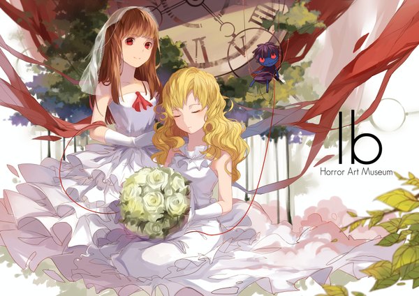 Anime picture 1800x1274 with ib (game) ib (ib) mary (ib) xiao zhangyu long hair highres blonde hair red eyes brown hair multiple girls eyes closed girl dress gloves flower (flowers) ribbon (ribbons) 2 girls clock bouquet wedding dress