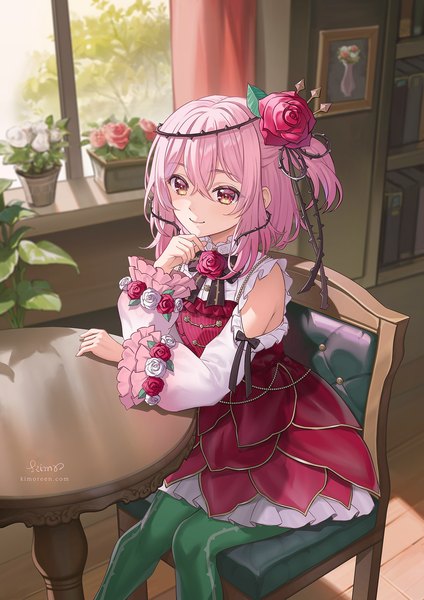 Anime picture 1414x2000 with virtual youtuber nijisanji nijisanji en rosemi lovelock rosemi lovelock (1st costume) kimopoleis single tall image fringe short hair smile hair between eyes sitting looking away pink hair indoors pink eyes hair flower from above one side up
