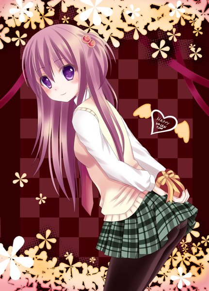 Anime picture 2645x3679 with original ikeda yuuki (artist) single long hair tall image blush highres light erotic smile purple eyes purple hair valentine checkered background girl skirt hair ornament flower (flowers) miniskirt necktie heart