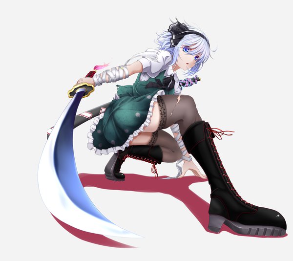 Anime picture 2002x1782 with touhou konpaku youmu evandragon single looking at viewer fringe highres short hair open mouth blue eyes simple background hair between eyes white background holding full body bent knee (knees) white hair looking back arm support shadow