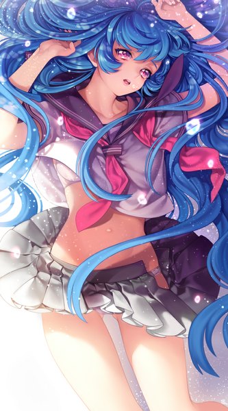 Anime picture 607x1093 with original senchat single long hair tall image looking at viewer open mouth light erotic blue hair lying pleated skirt pink eyes open clothes arms up bare belly midriff on back legs open skirt girl