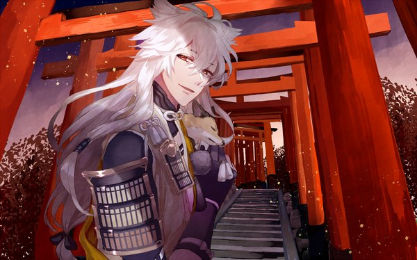 Anime picture 1260x787 with touken ranbu nitroplus kogitsunemaru eeeeedaaaa single long hair looking at viewer fringe red eyes wide image standing sky cloud (clouds) outdoors white hair traditional clothes parted lips japanese clothes light smile lips