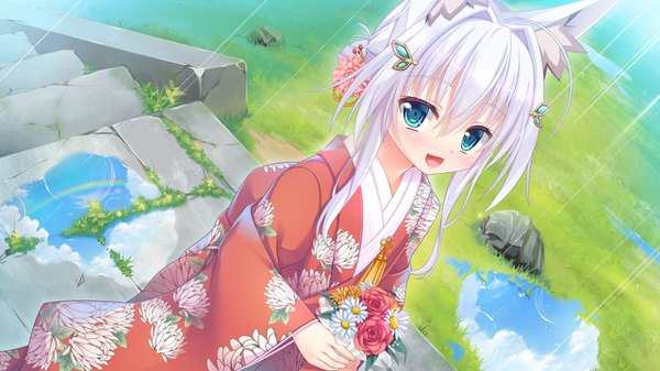 Anime-Bild 1280x720 mit tenkiame shiro (tenkiame) yuzu modoki single long hair looking at viewer fringe open mouth smile hair between eyes wide image animal ears payot game cg silver hair ahoge traditional clothes :d japanese clothes hair flower