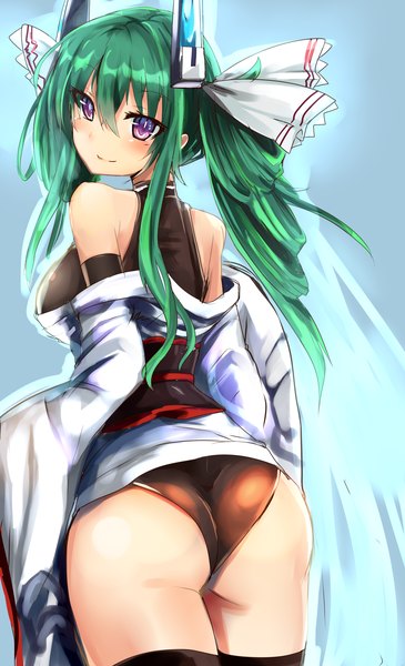 Anime picture 1826x3000 with original menou kaname haik single long hair tall image looking at viewer blush highres light erotic smile purple eyes twintails bare shoulders absurdres ass japanese clothes looking back green hair sketch