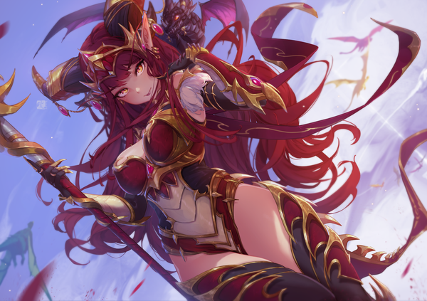 Anime picture 4415x3112 with world of warcraft blizzard entertainment alexstrasza mitsu (mitsu art) single long hair looking at viewer blush fringe highres breasts light erotic large breasts standing holding signed yellow eyes absurdres sky cloud (clouds)