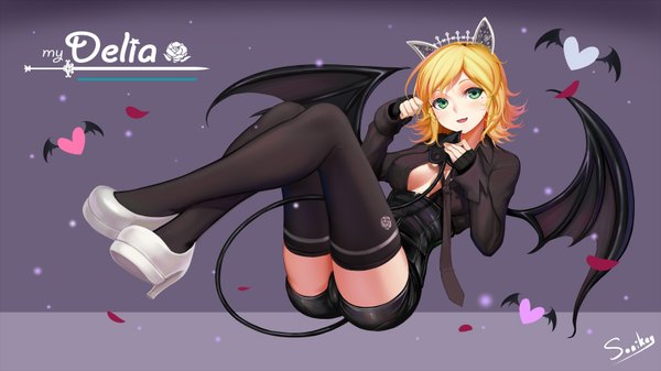 Anime picture 1600x899 with mabinogi heroes (game) delia (mabinogi heroes) sonikey0 0 single blush short hair open mouth blue eyes light erotic blonde hair wide image tail girl thighhighs black thighhighs petals wings necktie shorts short shorts