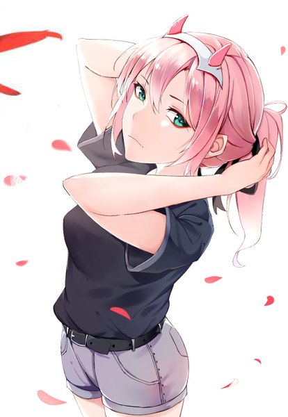 Anime picture 1090x1580 with darling in the franxx studio trigger zero two (darling in the franxx) lanzero single long hair tall image looking at viewer fringe simple background hair between eyes standing pink hair white hair horn (horns) aqua eyes from above adjusting hair tying hair girl