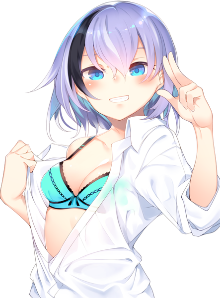 Anime picture 961x1300 with original otokuyou single tall image looking at viewer blush fringe short hair breasts blue eyes light erotic simple background smile hair between eyes white background cleavage purple hair upper body multicolored hair arm up