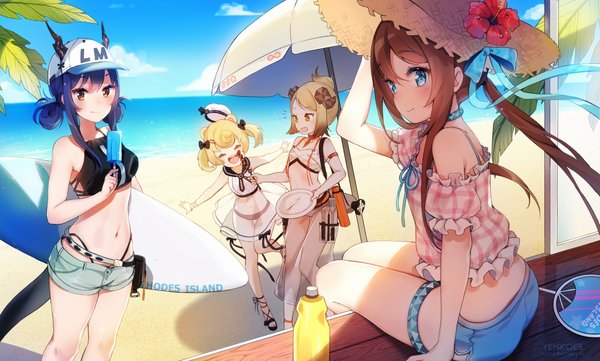 Anime picture 1800x1082 with arknights amiya (arknights) ch'en (arknights) ifrit (arknights) gummy (arknights) female tourist c (arknights) gummy (summer flowers) (arknights) yenkoes long hair highres short hair open mouth blue eyes blonde hair red eyes brown hair wide image standing sitting twintails