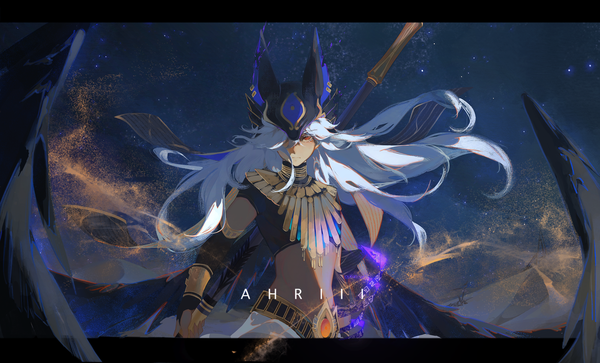 Anime picture 3412x2067 with genshin impact cyno (genshin impact) ahriii single long hair looking at viewer fringe highres red eyes wide image standing signed absurdres silver hair traditional clothes wind hair over one eye letterboxed sand egyptian clothes