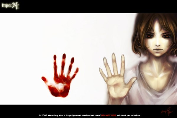 Anime picture 1024x683 with project: we yuumei single looking at viewer short hair simple background red eyes brown hair white background signed face blood hands