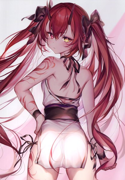 Anime picture 2406x3464 with original komeshiro kasu single long hair tall image looking at viewer fringe highres light erotic hair between eyes red eyes standing twintails yellow eyes red hair looking back horn (horns) pointy ears from behind scan