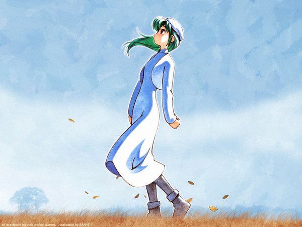 Anime picture 1024x768 with yokohama kaidashi kikou hatsuseno alpha ashinano hitoshi single long hair profile wind autumn girl dress boots white dress bolero