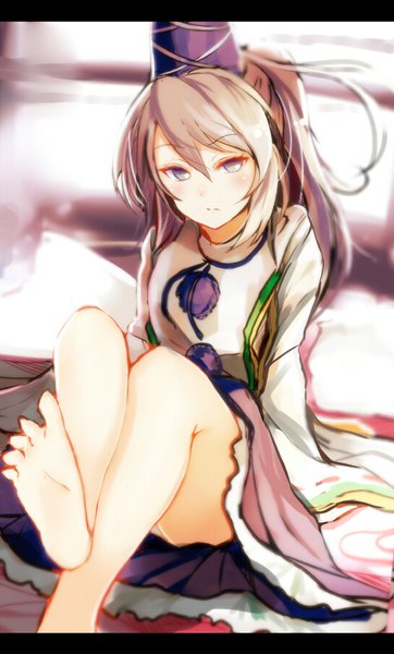 Anime picture 543x900 with touhou mononobe no futo nakaichi (ridil) single long hair tall image looking at viewer blush fringe light erotic simple background hair between eyes ponytail long sleeves traditional clothes japanese clothes barefoot grey hair wide sleeves bare legs