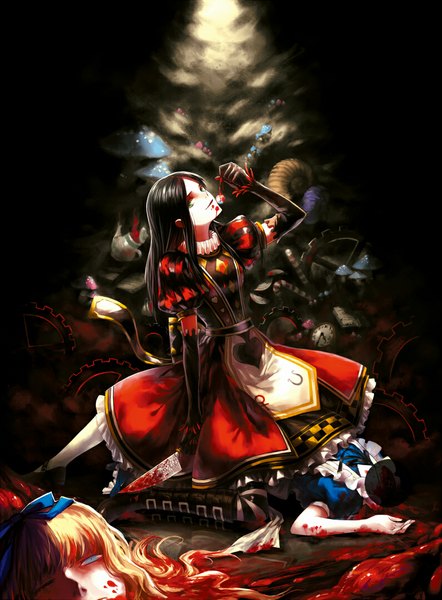 Anime picture 793x1077 with american mcgee's alice (game) alice: madness returns alice (american mcgee's) queen of hearts w w w wloveless long hair tall image looking at viewer blue eyes light erotic black hair blonde hair multiple girls green eyes eyes headless girl dress ribbon (ribbons) 2 girls