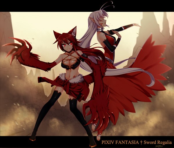 Anime picture 1000x850 with original pixiv fantasia pixiv fantasia sword regalia konshin long hair light erotic red eyes bare shoulders multiple girls animal ears red hair eyes closed pointy ears grey hair girl thighhighs navel black thighhighs 2 girls claws