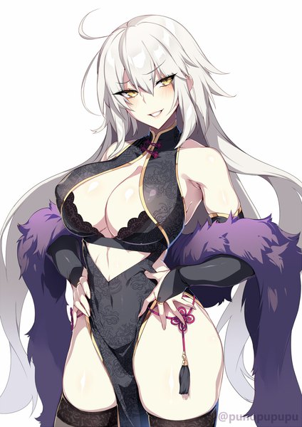 Anime picture 848x1200 with fate (series) fate/grand order jeanne d'arc (fate) (all) jeanne d'arc alter (fate) zeroshiki kouichi single long hair tall image looking at viewer blush fringe breasts light erotic simple background smile hair between eyes large breasts standing white background bare shoulders