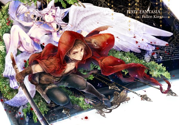 Anime picture 1353x950 with original pixiv fantasia pixiv fantasia fallen kings kuina (escapegoat) long hair looking at viewer short hair light erotic red eyes brown hair animal ears silver hair bent knee (knees) white hair tail animal tail pink eyes open clothes open jacket copyright name
