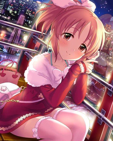 Anime picture 640x800 with idolmaster idolmaster cinderella girls abe nana single tall image looking at viewer blush fringe short hair smile pink hair bent knee (knees) ponytail pink eyes from above night night sky city cityscape glow