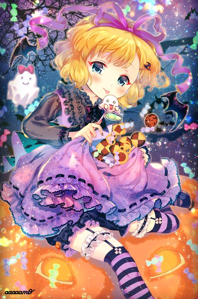 Anime picture 1654x2498 with touhou medicine melancholy amo single tall image looking at viewer blush fringe short hair blue eyes blonde hair sitting holding signed sky long sleeves nail polish night sparkle alternate costume