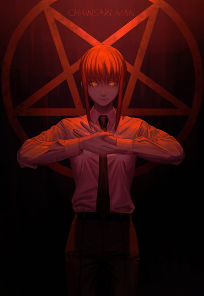 Anime picture 1378x2000 with chainsaw man mappa makima (chainsaw man) ccakira000 single long hair tall image looking at viewer fringe standing yellow eyes payot upper body red hair copyright name hands clasped girl shirt necktie white shirt