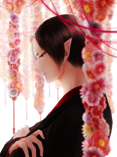 Anime picture 950x1270 with hoozuki no reitetsu wit studio hoozuki (hoozuki no reitetsu) kokeshi ya single tall image short hair black hair brown eyes profile horn (horns) fingernails lips pointy ears looking down crossed arms demon boy flower (flowers) thread