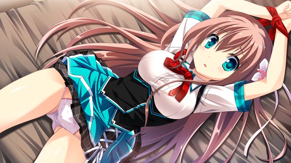 Anime picture 2560x1440 with cocoro@function! hasugase mina long hair blush highres blue eyes light erotic brown hair wide image game cg lying girl uniform underwear panties bow hair bow school uniform