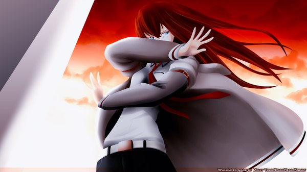 Anime picture 2560x1440 with steins;gate white fox makise kurisu single long hair highres blue eyes wide image red hair girl necktie belt