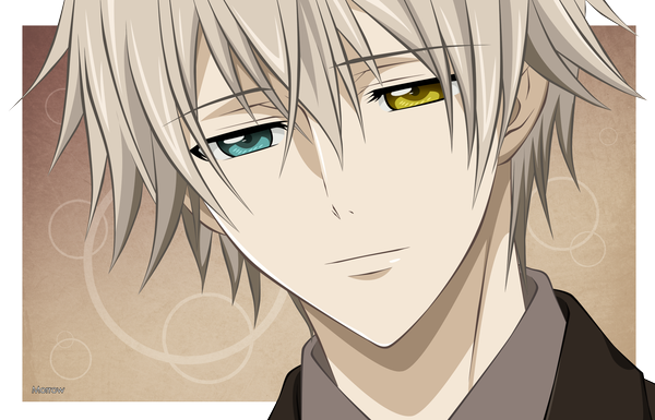 Anime picture 2400x1542 with inu x boku ss david production miketsukami soushi morrow single highres short hair simple background green eyes signed silver hair aqua eyes heterochromia border close-up face vector boy