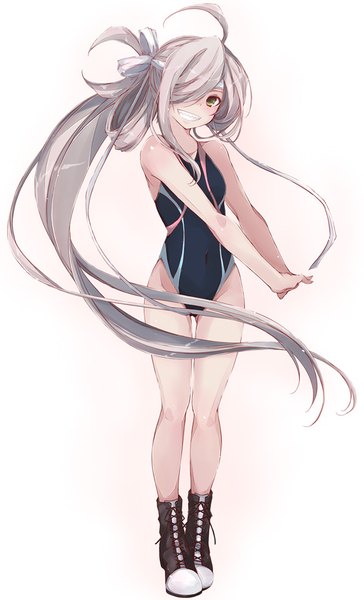 Anime picture 600x988 with kantai collection asashimo (kantai collection) yumesato makura single tall image looking at viewer blush fringe light erotic simple background smile standing green eyes silver hair full body ahoge very long hair hair over one eye teeth grin