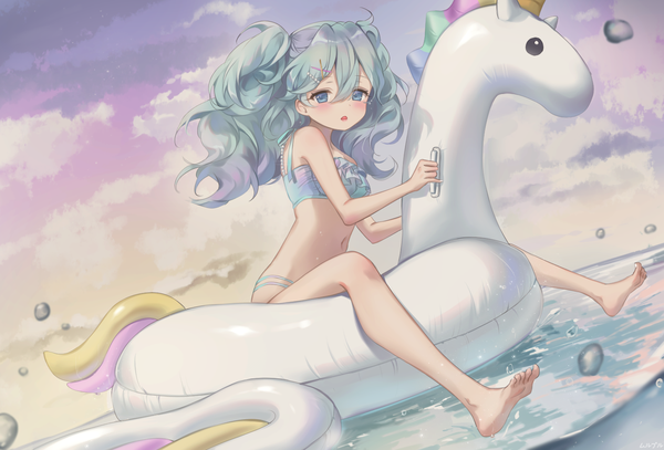 Anime picture 1474x1000 with original haruri single long hair looking at viewer blush fringe open mouth blue eyes light erotic hair between eyes sitting twintails holding sky cloud (clouds) full body outdoors barefoot aqua eyes