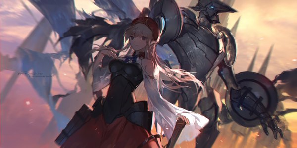Anime picture 2362x1181 with original pixiv fantasia pixiv fantasia revenge of the darkness swd3e2 long hair fringe highres blonde hair wide image bare shoulders brown eyes pointy ears blurry wide sleeves floating hair girl weapon hat armor armored dress