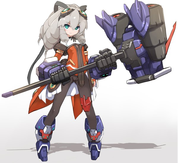 Anime picture 1523x1400 with xenogears maria balthasar karukan (monjya) single long hair fringe light erotic simple background hair between eyes standing full body aqua eyes grey hair shadow gradient background ass visible through thighs goggles on head girl weapon pantyhose