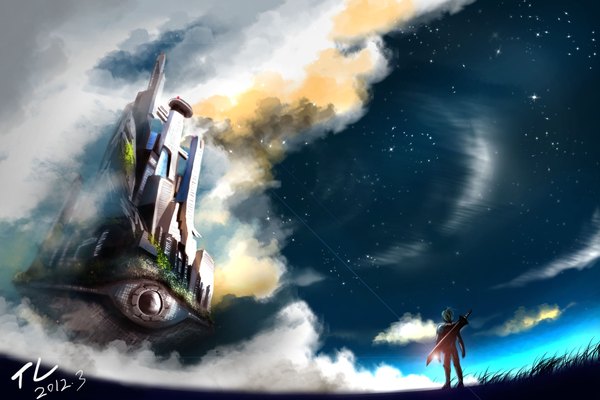 Anime picture 2160x1440 with original tlrose highres short hair blonde hair standing sky cloud (clouds) green hair inscription night sky looking up boy weapon sword leaf (leaves) star (stars) castle eye