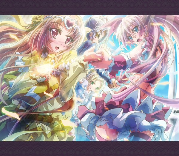 Anime picture 1600x1400 with precure suite precure toei animation houjou hibiki minamino kanade seiren (suite precure) cure melody shirabe ako cure rhythm cure beat inoshishi (ikatomo) long hair blush open mouth blue eyes black hair blonde hair red eyes multiple girls green eyes