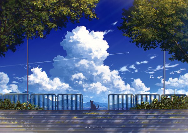 Anime picture 2303x1632 with original aeuna highres signed sky cloud (clouds) outdoors sunlight horizon mountain no people scenic condensation trail plant (plants) animal tree (trees) cat stairs railing aircraft