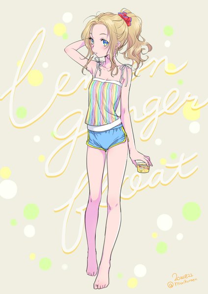 Anime picture 1447x2046 with original morikura en single long hair tall image looking at viewer blush blonde hair bare shoulders holding signed payot ponytail legs twitter username mouth hold text arm behind head english long legs