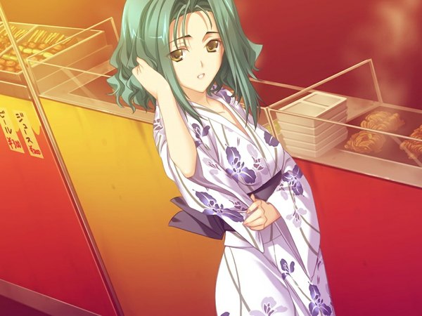 Anime picture 1024x768 with shiden enkan no kizuna (game) short hair yellow eyes game cg japanese clothes green hair girl kimono