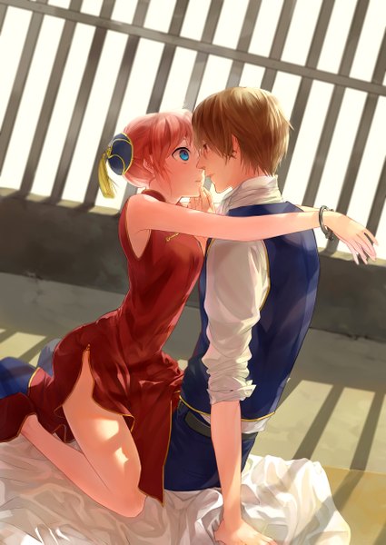 Anime picture 886x1251 with gintama sunrise (studio) kagura (gintama) okita sougo loli bushi tall image blush short hair blue eyes light erotic blonde hair red eyes brown hair sitting pink hair traditional clothes profile orange hair shadow hair bun (hair buns)