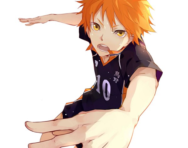 Anime picture 1019x800 with haikyuu!! production i.g hinata shouyou wonkrin single looking at viewer short hair open mouth simple background white background orange hair orange eyes sweat spread arms volleyball boy uniform gym uniform