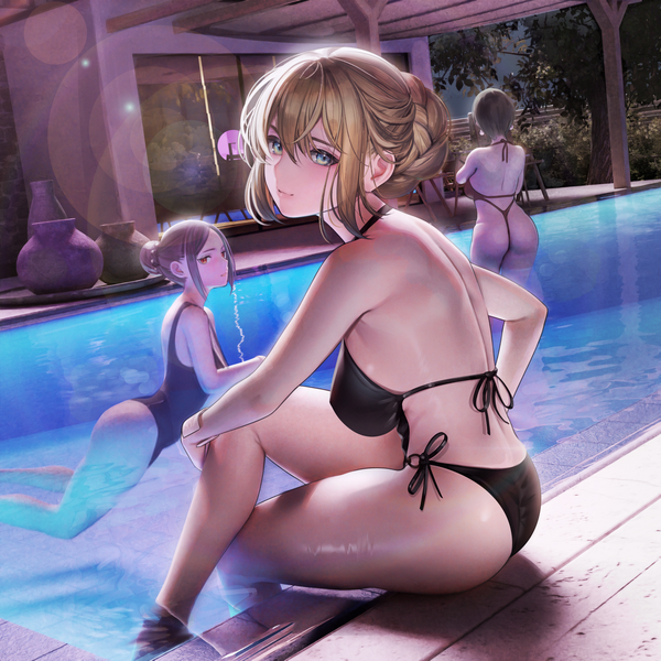 Anime picture 4175x4175 with original nanaken nana looking at viewer fringe highres short hair breasts blue eyes light erotic blonde hair hair between eyes red eyes brown hair large breasts standing multiple girls payot absurdres outdoors ass