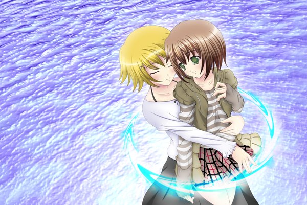 Anime picture 3496x2339 with rinereeto (artist) highres short hair blonde hair brown hair multiple girls green eyes absurdres eyes closed hug girl 2 girls